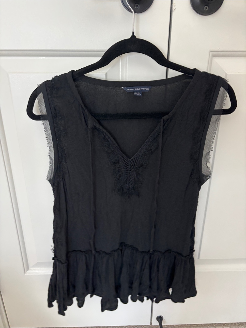 American Eagle Outfitters Black Sheer V-Neck Ruffle Tank